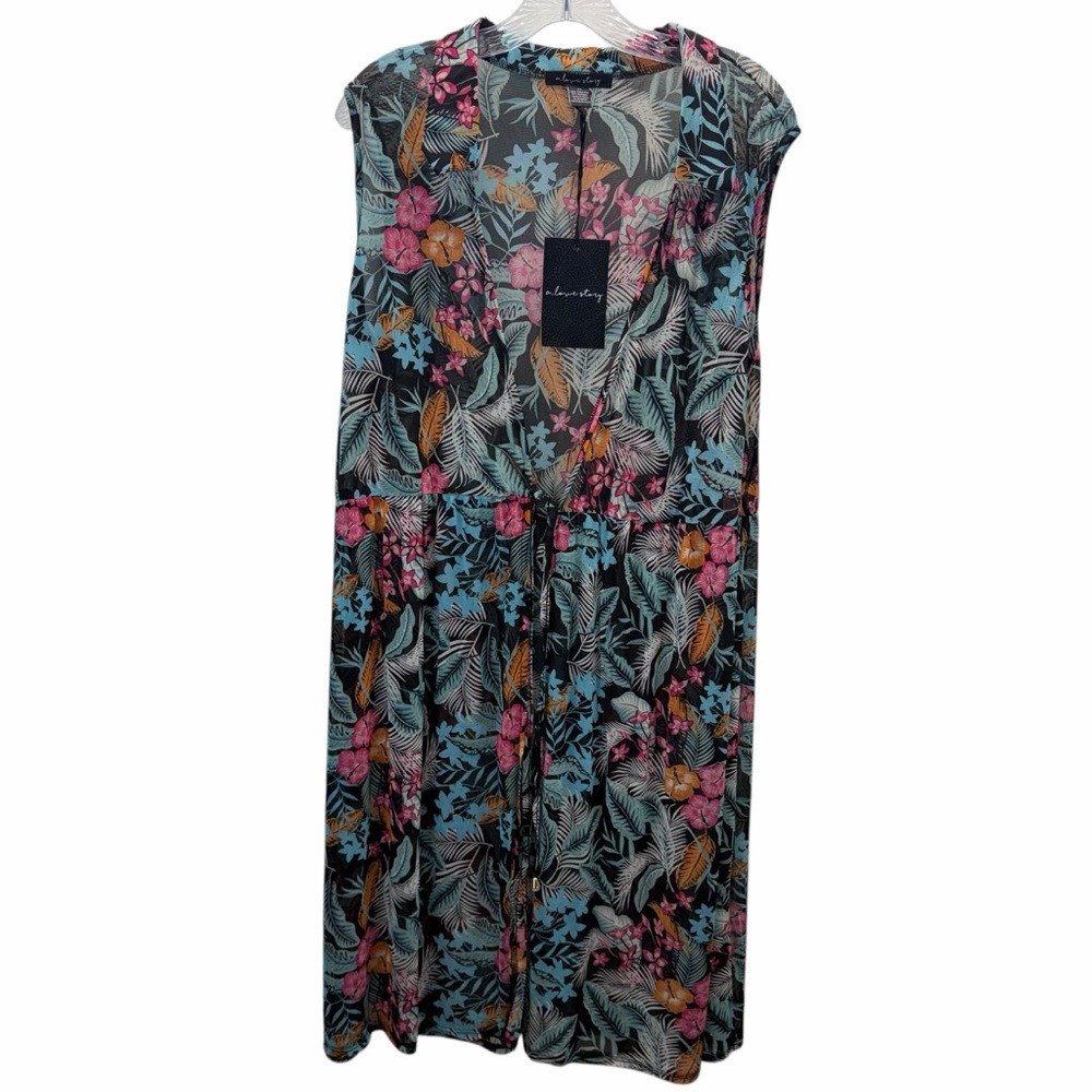 A Love Story Tropical Floral Swim Cover Up Plus 2X Sheer Tie Front Side Slits